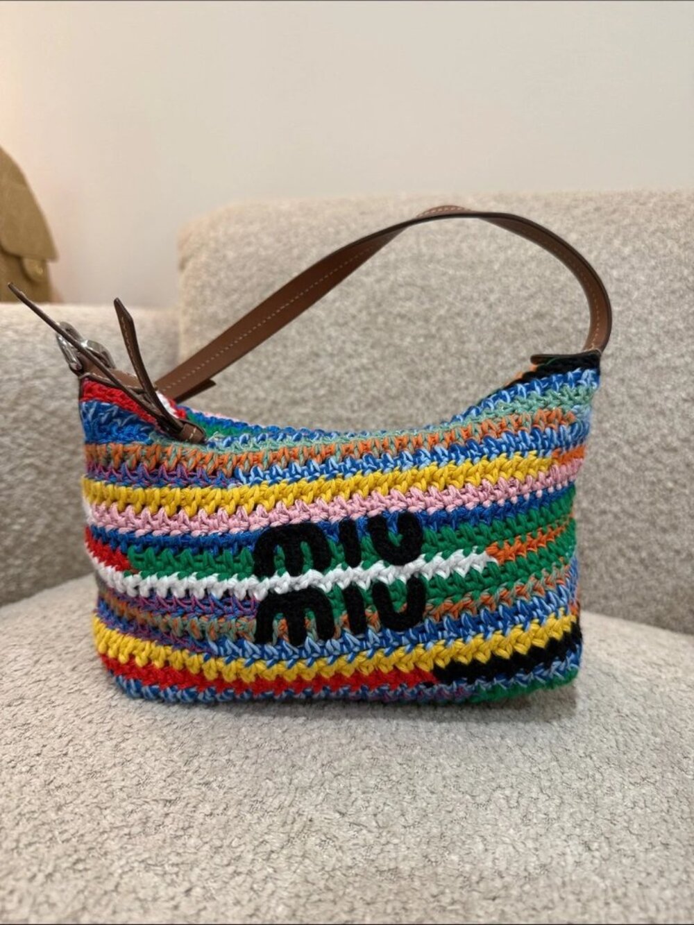 Miu Miu Rainbow Crochet Shoulder Bag Multicolor Stripe Hobo
